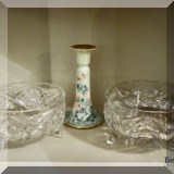 G02. Cut glass bowls and handpainted porcelain candlesticks. 